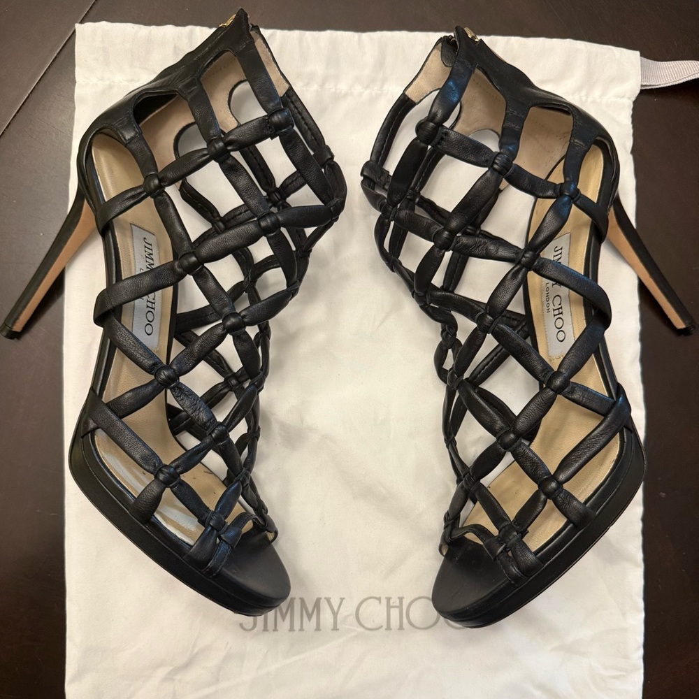 Jimmy Choo Black Cage Heels Stiletto Sandals, Size 38 (size 8 US)